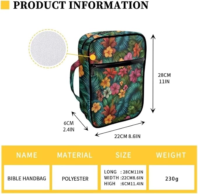 Coldinair Tropical Flower Leaf Bible Covers Bag for Women,Carrying Book Case Church Bag Bible Holder with Handle and Zippered Pocket