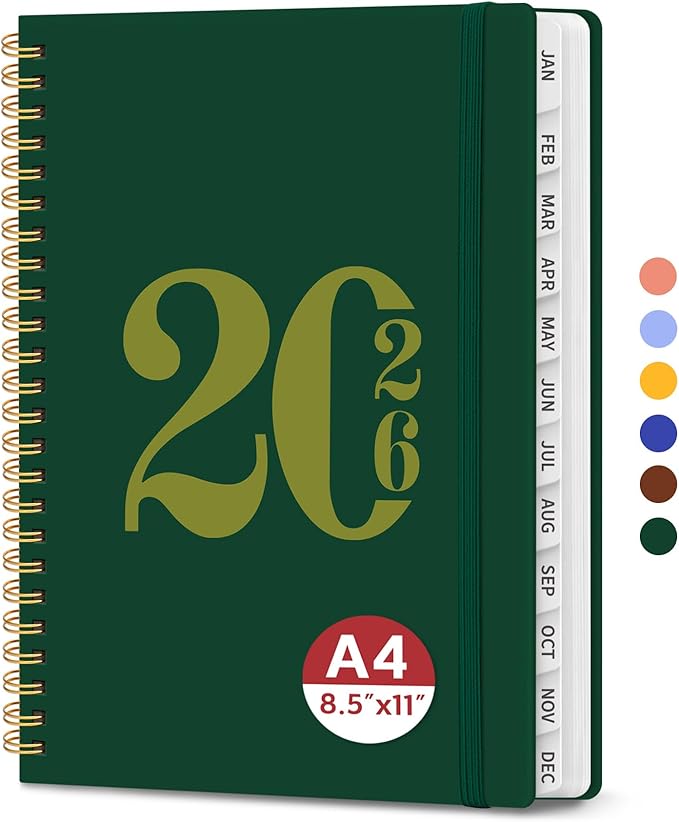 2026 Planner, Weekly and Monthly Calender Planner, Jan 2026 to Dec 2026, Hardcover 2026 Calendar Book with Tabs & Inner Pocket, Office Home School Supplies for Women & Men - A4 (8.5" x 11"), Dark Green