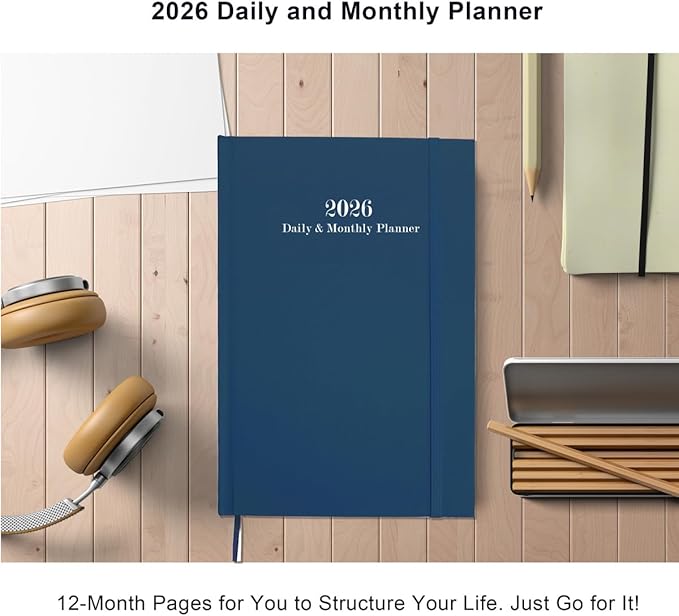 2026 Daily & Monthly Planner - 2026 Daily Planner One Page Per Day from January 2026 to December 2026, 5.8" x 8.3" Hourly Appointment Book Perfect Organizer Daily Life, Fabric Cover, Blue