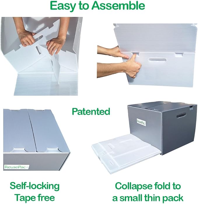 Reusable Foldable Box Corrugated PP Lightweight, Storage Moving Mailing, Heavy Duty Stackable, Tape Free Self-Locking Lid for Business Home (Gray, 24x16x12 in)