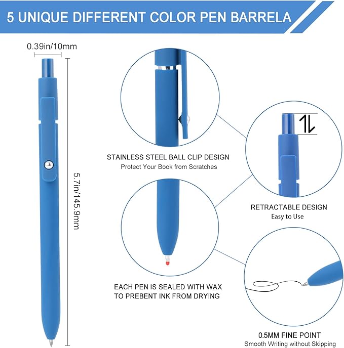 FIOVER High-End Vintage Gel Pens, 5-Pack 0.5mm Fine Point Black Ink Pens with Soft Grip & Metal Clip, Smooth Writing Retractable Pens for Journaling, Office, Note Taking(Retro color)