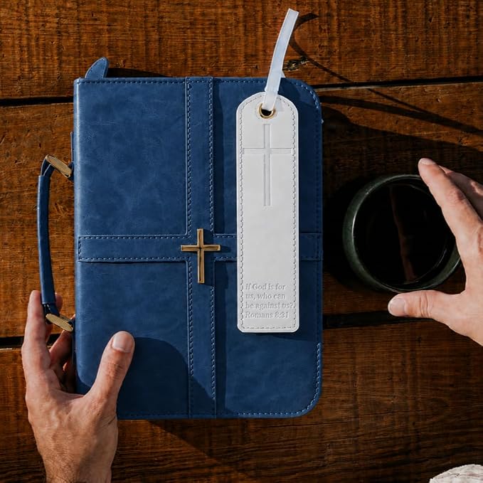Bible Case (U.S. Patent Pending), Vibrant & Inspiring Bible Cover, with Romans 8:31 Bookmark, Blue Bible Cover Case for Women or Men, Elegant Bible Bag, Durable PU Leather Book Cover