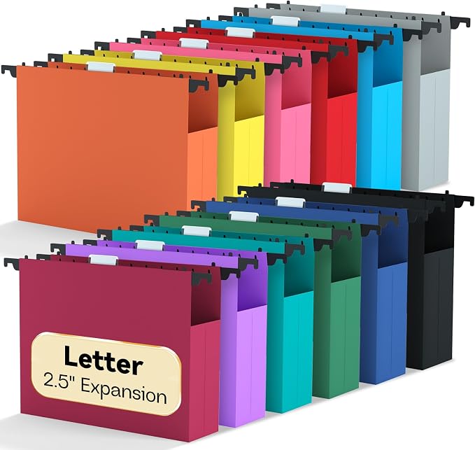 Large Hanging File Folders Letter Size,2.5" Expansion Heavy Duty Home Office Hang Folder,Plastic File Cabinet Folders with Tabs,12 Pack Colorful Hanging File Organizer for Medical Charts