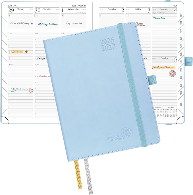 POPRUN Planner 2026-2027, 6.5" x 8.5", Academic Planner 2026-2027 Weekly and Monthly (July 26-June 27) Hourly Appointment Book with Inner Pockets, Leather Soft Cover, 100GSM - Blue