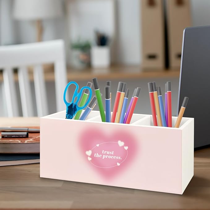 Preppy Pink Heart Aura Inspirational Wooden Pen Pencil Holder for Office Desk Accessories, Trust the Process Spiritual Positive Makeup Brush Toothbrush Holder Organizer