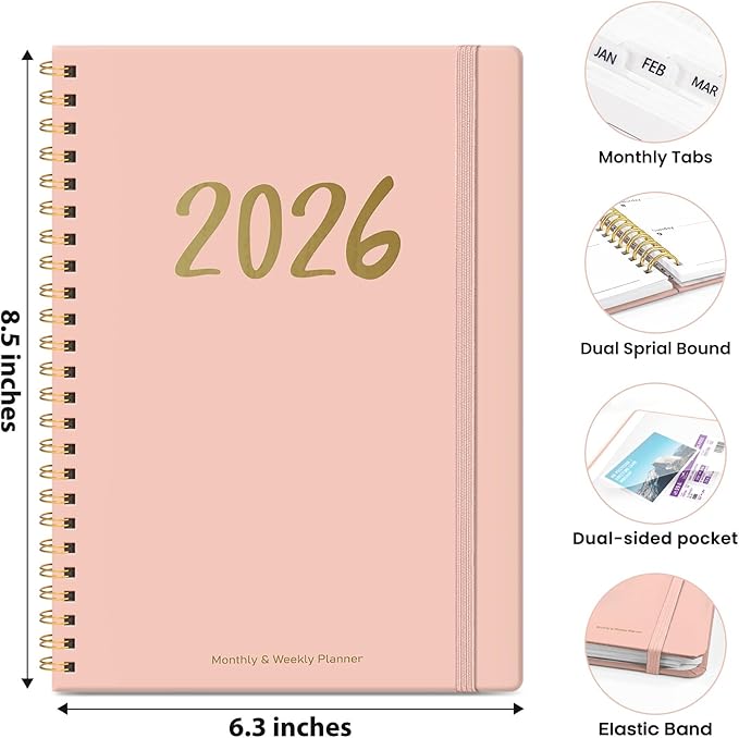 2026 Planner, Weekly and Monthly Planner for Women, January 2026 - December 2026, Hardcover 2026 Calendar Planner Book with Tabs, Inner Pocket, Spiral Bound, Perfect for Office Home School Supplies - A5 (6.3" x 8.5"), Pink