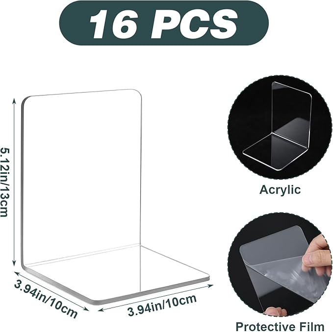 Kifmurase 16Pcs Bookends, Clear Acrylic Bookends for Shelves, Non-Slip Book Holder Stand, Decorative Book Stoppers, Heavy Duty Bookend for Office Desktop Organizer