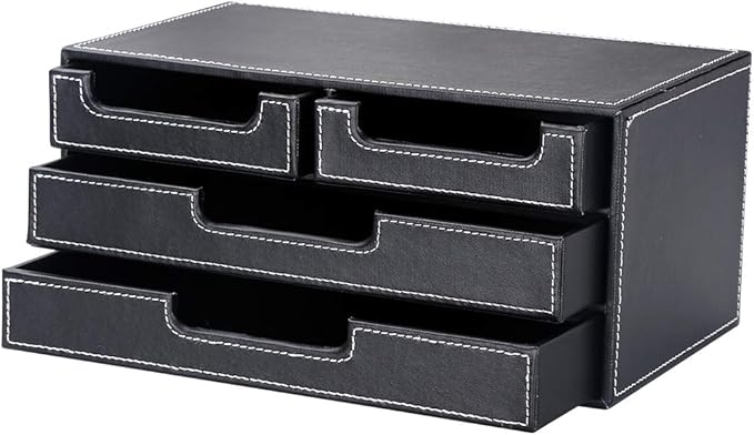 KINGFOM PU Leather Desk Organizer with 4 Drawers Small, Desktop Organizer Drawer for Office Supplies Accessories, Stationery Storage Box Bills Collection Holder Black