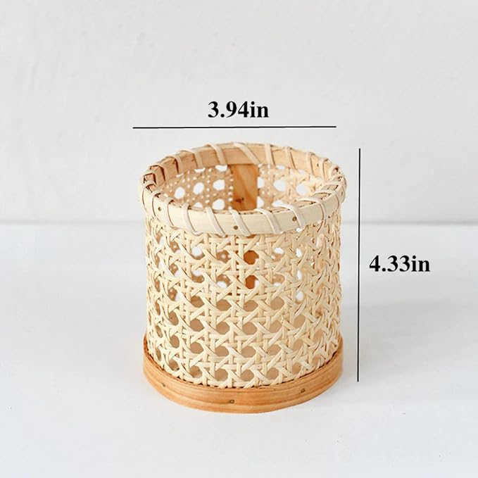 Handwoven Rattan Pen Holder, Cylindrical Desk Organizer, Natural Wicker Pencil Cup with Wooden Base for Office, Home, and Vanity - Boho Decor for Stationery, Makeup Brushes, etc.