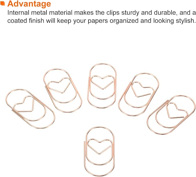 MECCANIXITY Paper Clip Heart-Shaped Cute Decorative Fun Clips Bookmarks 2 Inch Rose Gold for Organize Office Home, Pack of 50