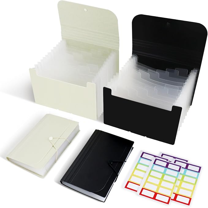 2 Pack 4x6 Inch Index Card Holder Organizer Box 3x5 Inch Flash Note Card File Box Recipe Storage Case with 13+13 Expandable Pocket and Label Sticker Large Capacity Coupon Receipt Organizer Book