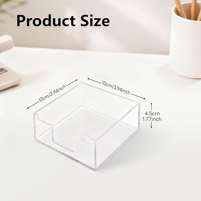 Clear Sticky Note Holder, Glitter Acrylic Organizer, 3.94 x 3.94 in Multi-Use Tray for Office, School & Home Desk