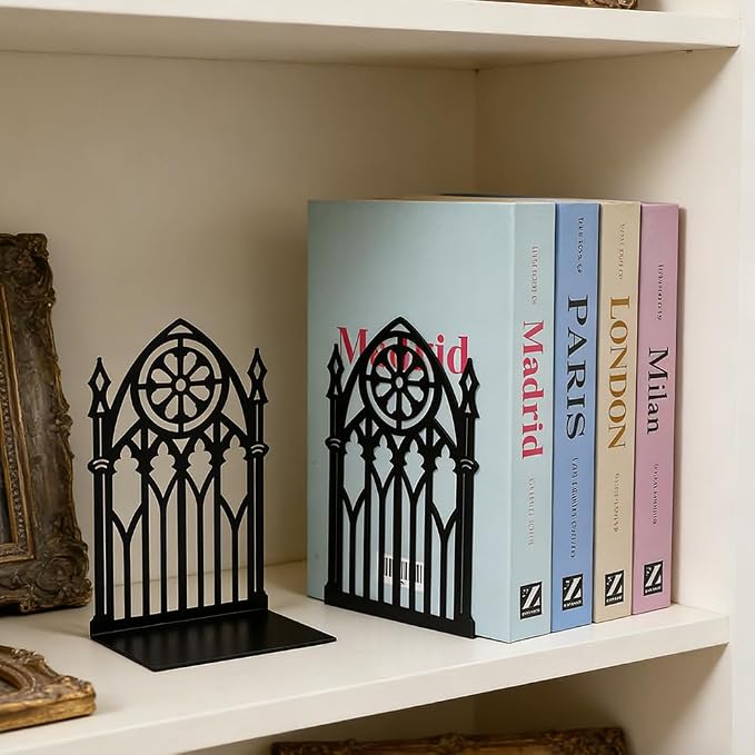 Book Ends, Bookends, Book Ends for Shelves, 2Pair Non Skid Metal Book Divider Decorative Holder, Abstract Art Desgin Book Stopper Supports for Office, Home (Gothic Gate A)