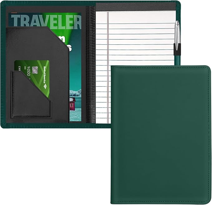 Junior Padfolio Folder - A5 Portfolio Binder Case with 5 x 8 Writing Pad and Interior Storage Pocket Executive Business Organizer for Men Women, Dark Green