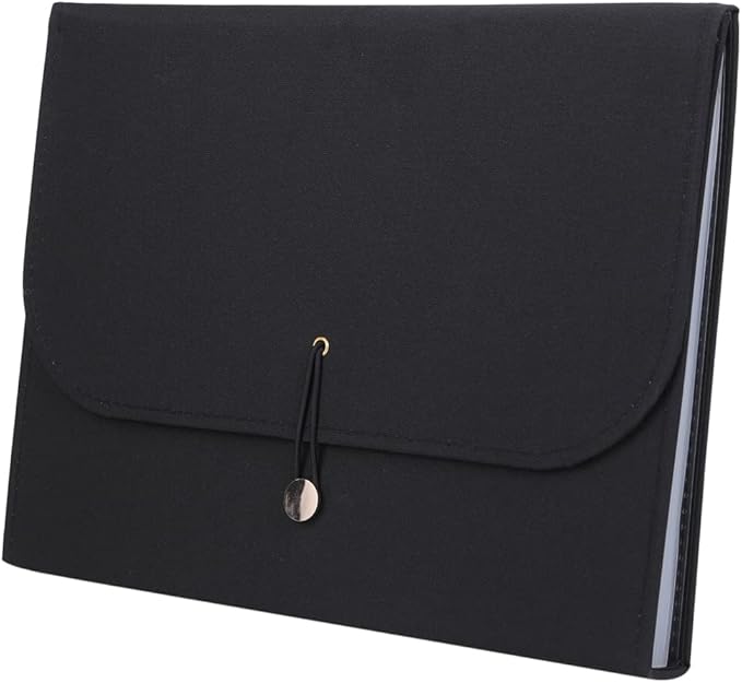Fabric Expanding File Folder Document Organizer A4, 13‑Pocket Indexed File Case (Black)