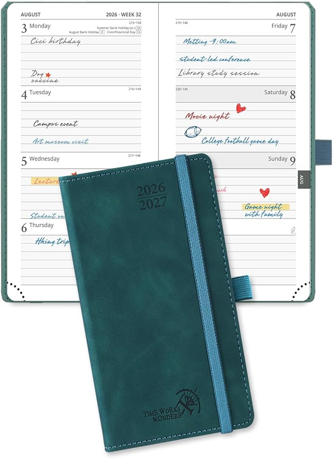 POPRUN 2026-2027 Pocket Weekly Planner for Purse, 3.5" x 6.5" Slim Size, Small Calendar from August 2026 to December 2027, Hardcover Appointment Book with Horizontal Layout, Monthly Calendar, 70 GSM Paper - Petrol