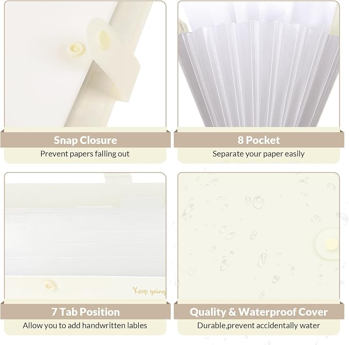 SKYDUE Accordion File Organizer, Expanding File Folder with 8 Pockets, Portable Document Paper Receipt Organizer, Letter/A4 Size Filing Folder School Office Supplies Cream