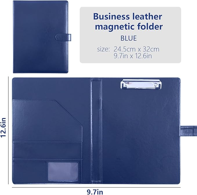 Faux Leather Portfolio with Clipboard – A4/Letter Size Legal Pad Holder, Resume Organizer and Writing Folder, Professional Business Conference Office Padfolio(Blue)