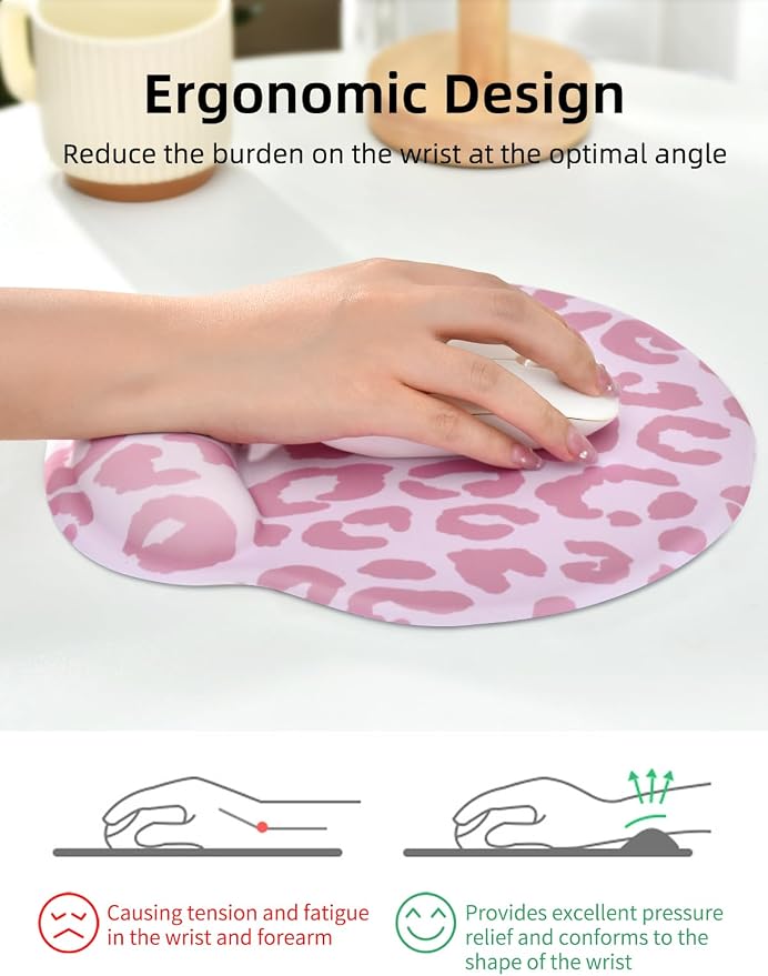 Leopard Mouse Pad Wrist Support Wrist Rest, Ergonomic Mouse Pad with Non-Slip Base for Office Gaming Working Computers,Desk Accessories Pain Relief Mouse Mat for Home&Game Decor, Pink