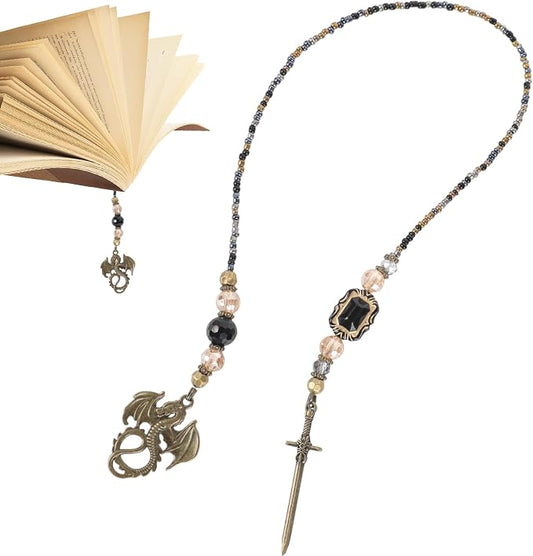 Fantasy Dragon Sword Bookmark - Beaded Chain Dragon Bookmarks, Mysterious Aesthetics Dragons Charm Pendant, Book Marks Gifts for Books Lovers Students Teacher Office School Supplies