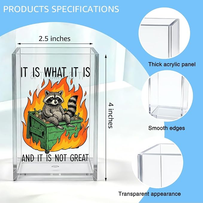 It Is What It Is and It Is Not Great Acrylic Organizer Pencil Pen Holder, Funny Raccoon Humor Dumpster Fire Desk Organizer Gifts for Coworker Friend Burnout Office Worker