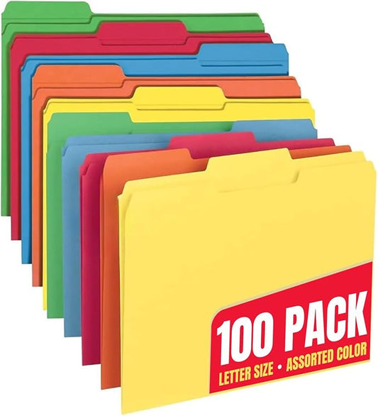 1InTheOffice Colored File Folders, Colorful Assorted Folders with Tabs, Letter Size 1/3-Cut Tab, 100/Pack