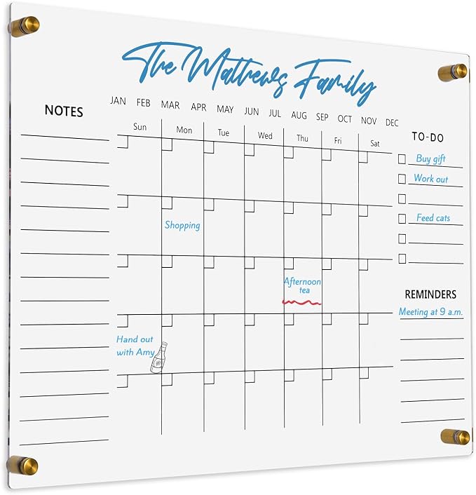 Clear Acrylic Calendar Dry Erase for Wall, Family Planner, Monthly Calendar Dry Erase Whiteboard for Home, Office, 17" x 13"Reusable White Board（Clear-3343）
