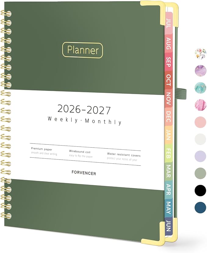 Forvencer Academic Planner 2026-2027, Hardcover Calendar Planner Weekly & Monthly, July 2026 - June 2027, 6" x 8", Daily Agenda with Tabs, College School Organizer for Student Teacher, Dark Green