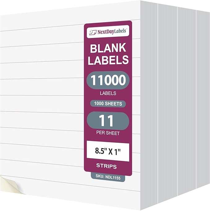 NextDayLabels 8.5x1 Inch Strip Stickers White Blank Labels for Laser Inkjet Printer - 11 Per Sheet Self-Adhesive Unique Size Label Made in USA - 11,000 Labels