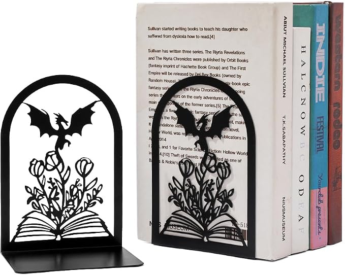 Book Ends, Bookends, Book Ends for Shelves, 1 Pair Non Skid Metal Book Divider Decorative Holder, Abstract Art Desgin Book Stopper Supports for Office, Home (Dragon A)