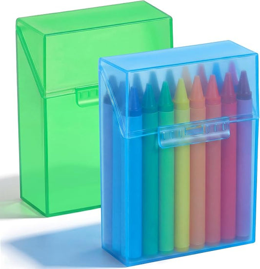 Clabby 2 Pcs Plastic Crayon Organizer Case for 24 Count Crayons Kids Art Supply Storage Box with Lid, Portable Holder for Classroom Home Travel, Fits Standard 24-Pack Crayon (Blue,Green)
