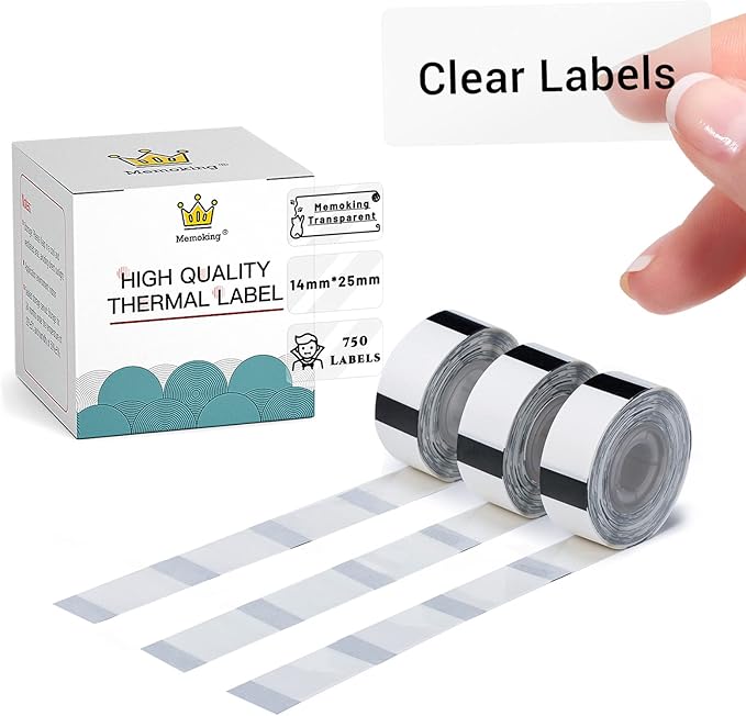 D30 Clear Thermal Label - Label Maker Paper Transparent Label Thermal Printer Paper Self-Adhesive 14x25mm/0.55x0.98in for Name Price Storage, Compatible with Memoking/Phomemo D30 Label Maker, 3 Rolls