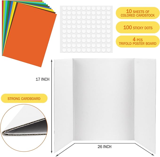 4 Pcs Trifold Poster Board, White Presentation Board Comes with Cardstock & Sticky Dots, Corrugated Display Board for School exhibitions, Business Presentations, 26 x 17 in