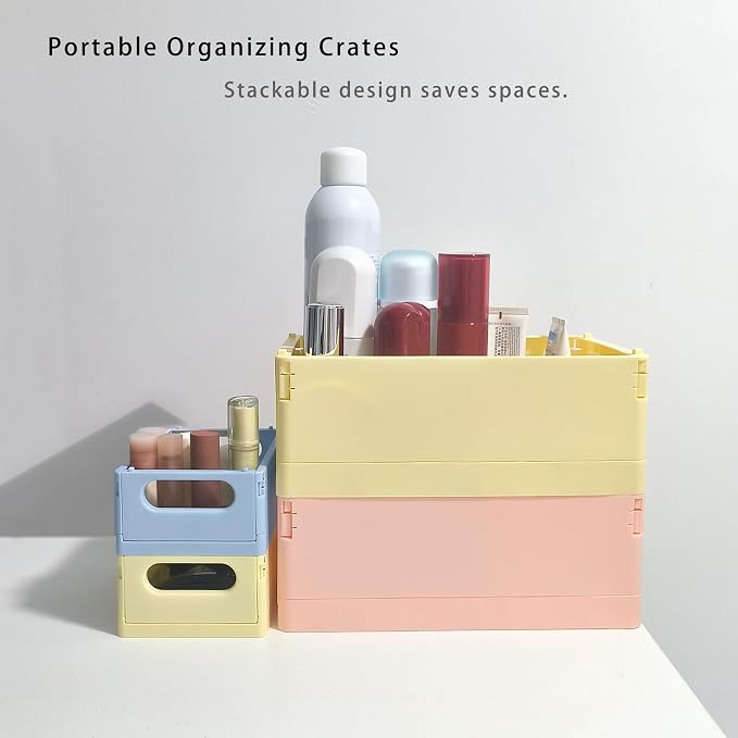 Plastic Storage Crate Folding Desk Organizer Basket Set of 4, 2 Medium+2 Small Collapsible Storage Bins Portable Organizing Crates for Office Classroom Kitchen Bedroom Bathroom Desktop Drawer, Pink