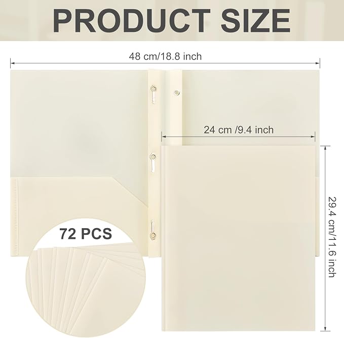 Cholemy 72 Packs Pocket Folders with Prongs Heavy Duty Plastic Folder with Business Card Slot 3 Prong Fasteners for School Office (Beige)