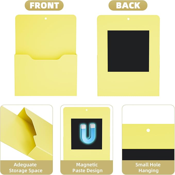 Magnetic File Holder - Magnetic Paper Holder, Pocket Organizer Office Supplies Storage Mail Organizer for Notebooks,Planners,Letter (Yellow）