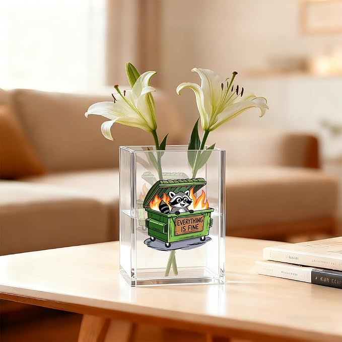 Everything Is Fine Acrylic Pen Holder Cosmetic Organizer, Cute Racoon Pencil Holders & Pen Holders for Desk, Desk Accessories Office Gifts for Coworker, Dumpster Fire Gifts for Teacher Colleague
