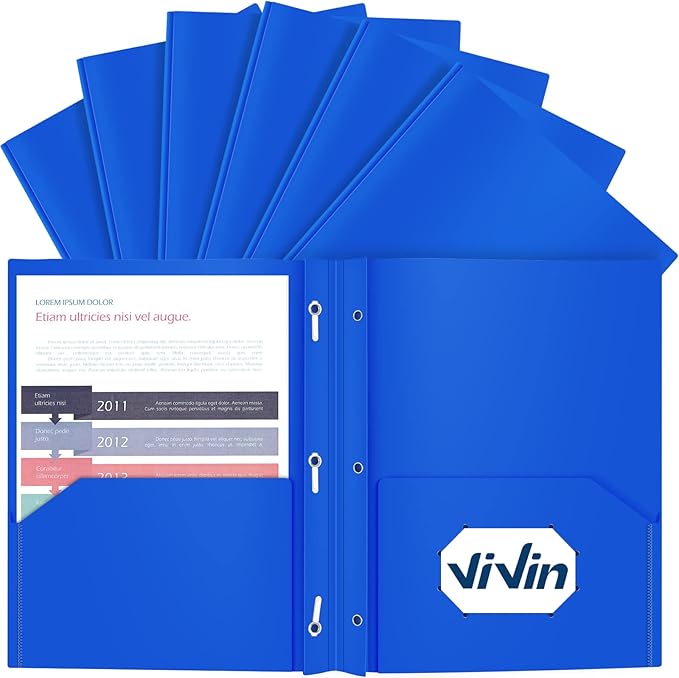 ViVin 12 Pack Plastic Folders with Pockets and Prongs, Heavy Duty 2 Pocket Folders with 3-Prong Fasteners, Poly File Holds 8-1/2" x 11" Paper for School Office Home (Blue)