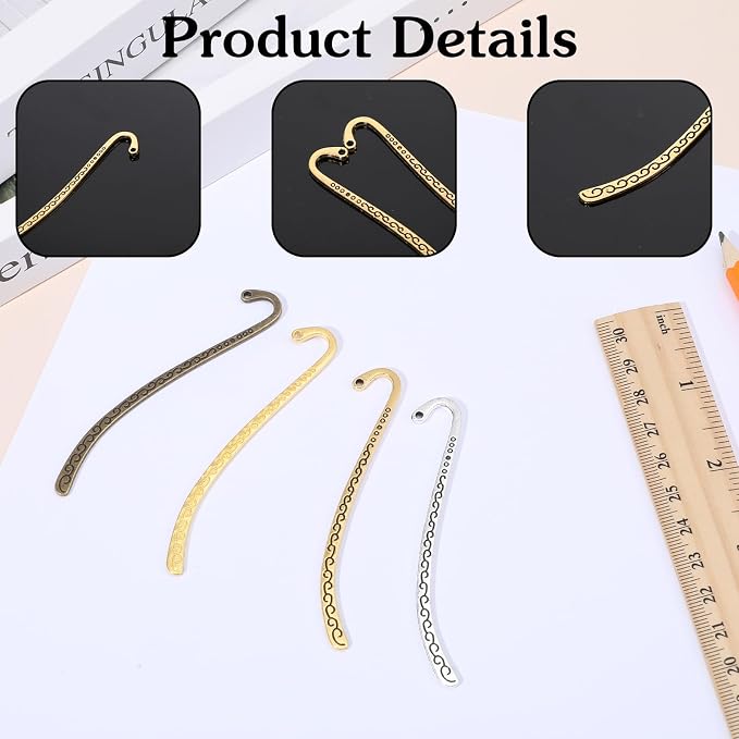 20 Pack Beadable Bookmarks, Metal Bookmarks, Carved Hook Bookmark with Hole for Beading, Tassel, DIY Decoration, Hairpin Hook, Bookmark Charms