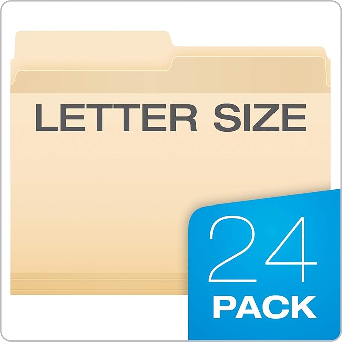 Pendaflex Reinforced File Folders, Extra Durable, Poly Reinforced Edges, Manila, Letter Size, 1/2 Cut Tabs, 24 Per Pack (86221)