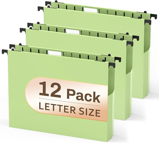 Green Hanging File Folders,12 Pack Green Hanging File Folder Letter Size, Hanging Files Letter Size 2 Inch Expansion, 2‘’ Hanging Filing Folders Organizer Expanding Colored School Classroom