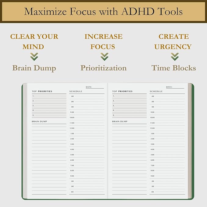 Time Blocking and ADHD Planner by Refine Days. 180 Undated Pages, To Do List, Hourly Schedule, Daily and Monthly Agenda. Time Management & Productivity Notebook. A5 (Green)