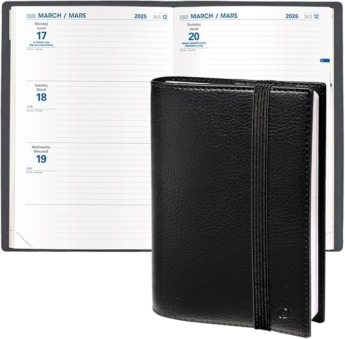Quo Vadis 2026 Hebdo - Bi-Lingual (EN/FR) - Weekly/Monthly Planner - 12 Months, Jan. to Dec. - 6 1/4 x 9 3/8" - Grained Faux Leather Kali Black Covers - Productivity Time Management Organizer