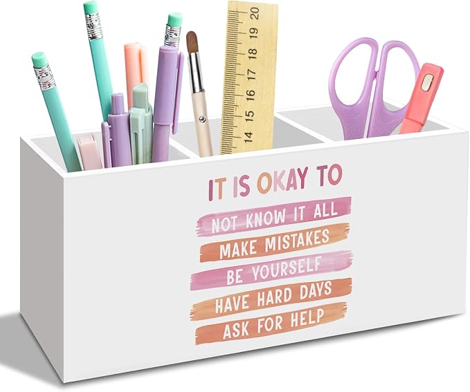 It Is Okay to Pink Pen Pencil Holder for Desk, Mental Health Office Desk Accessories, Inspirational Pen Holders Organizer for Office Classroom Therapy School, Mental Health Decor