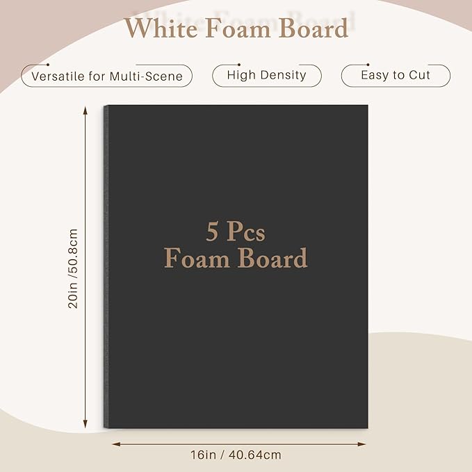 AUEAR, 5 Pack 16x20 Black Foam Boards, Foam Core Poster Board for Display, Mounting, Print, Presentation and Projects, 3/16'' Thick