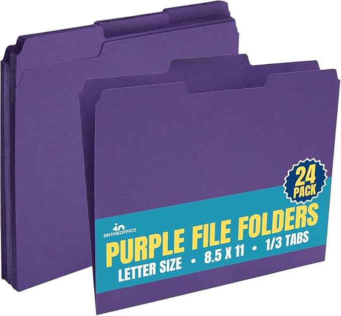 1InTheOffice Purple File Folders Top-Tab File Folders, 3 Tab, Purple, Letter Size, 24/Pack