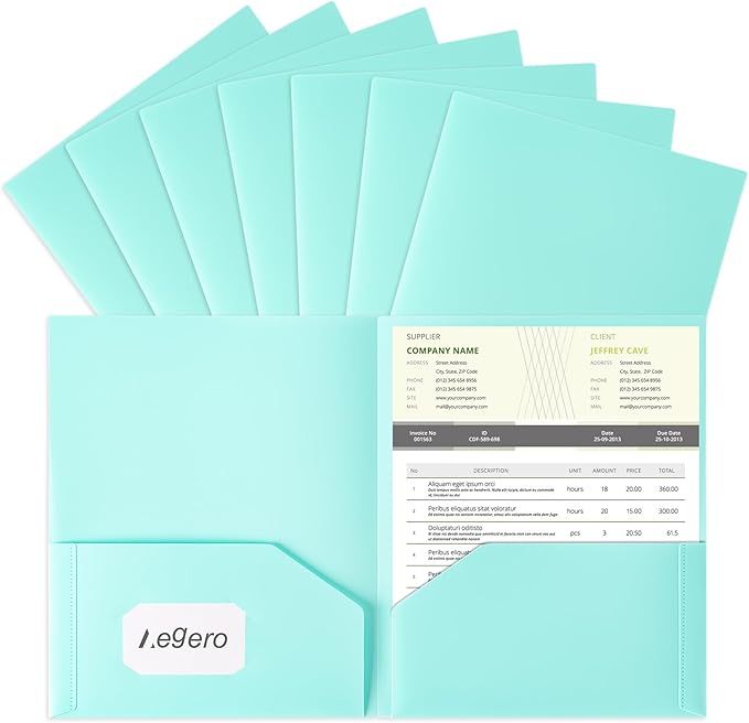 Aegero Plastic Folders with Pockets (7 Pack, Mint Green), Durable Heavy Duty File Folders with Business Card Slot, 2-Pocket Folder for Schoolwork & Office,Letter Size