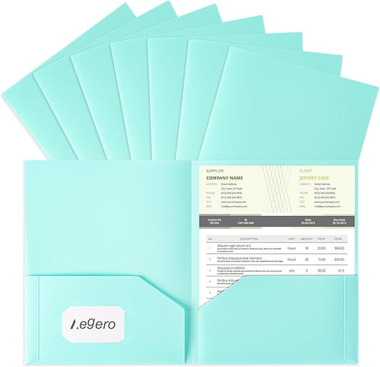 Aegero Plastic Folders with Pockets (7 Pack, Mint Green), Durable Heavy Duty File Folders with Business Card Slot, 2-Pocket Folder for Schoolwork & Office,Letter Size