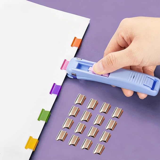 Portable Binder Clip Stapler, Includes 150 Reusable Clips, Push Clip Staplers, Mini Push Stapler Clamp Staplers for Desktop Document Home School Desk Office (L#)