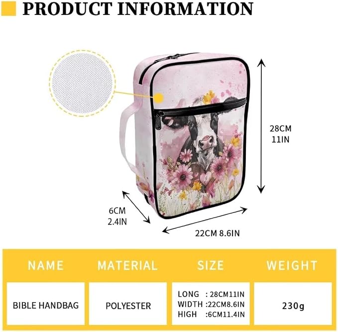 Coldinair Cow Bible Cover Case for Women,Pink Floral Carrying Book Cover Bible Holders with Handle and Zippered Pocket,Fits for Standard/Large Size Bible